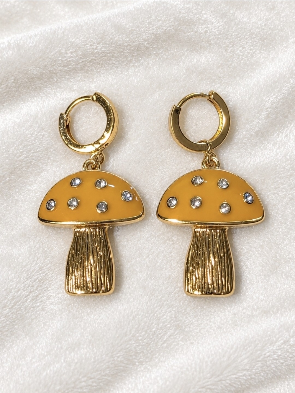 Playful Gold Mushroom Drop Earrings with Yellow Enamel Cottagecore Fairycore